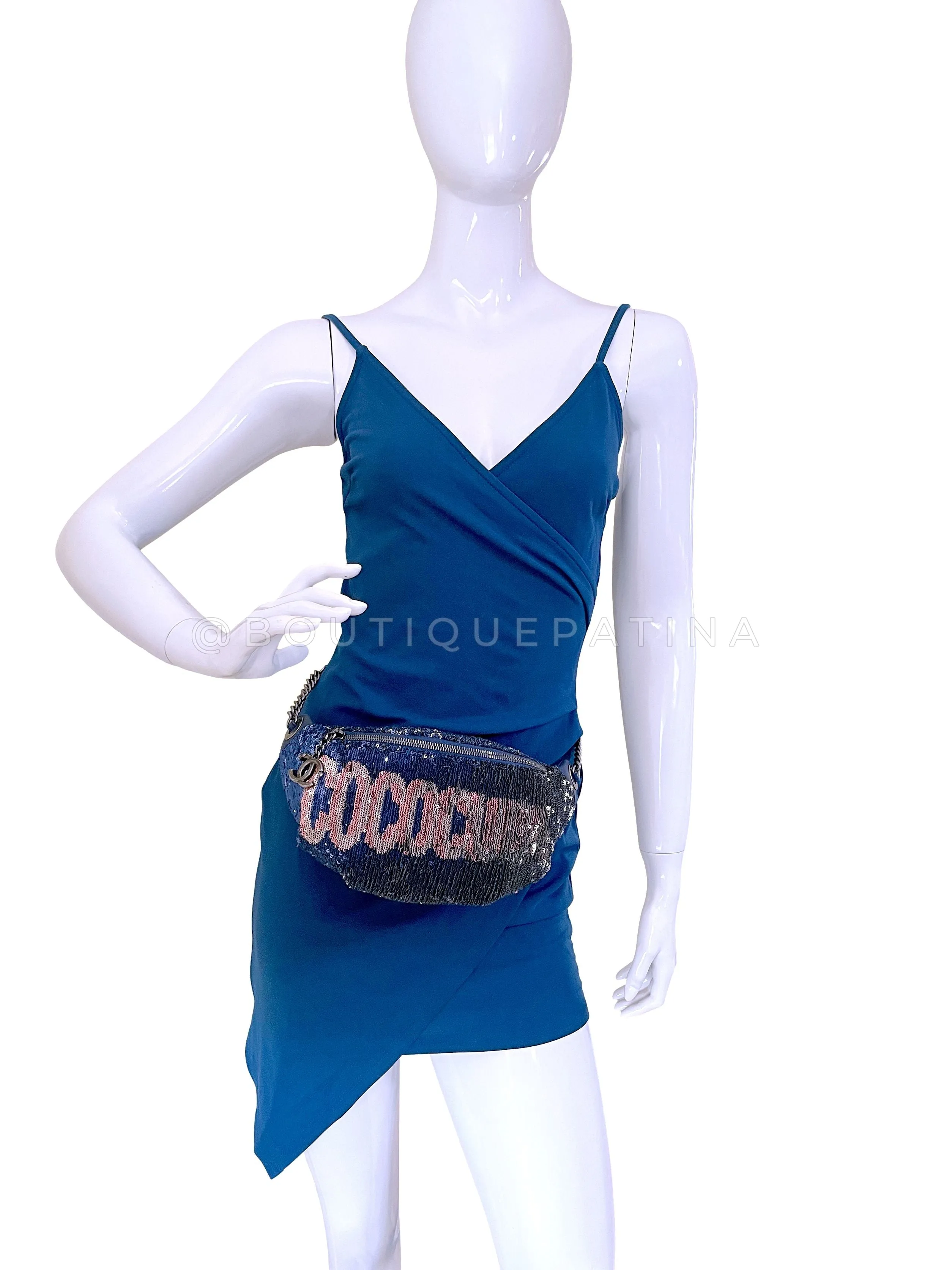 Chanel 17C Blue Pink Sequin Coco Cuba Fanny Pack Belt Bum Bag