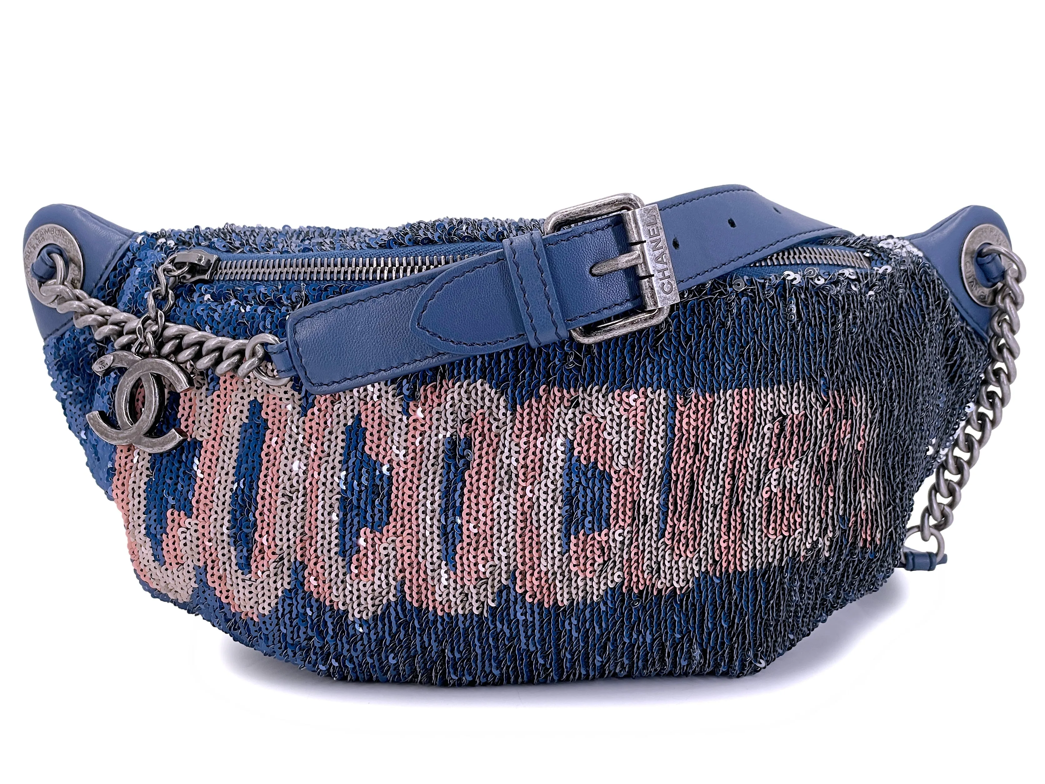 Chanel 17C Blue Pink Sequin Coco Cuba Fanny Pack Belt Bum Bag