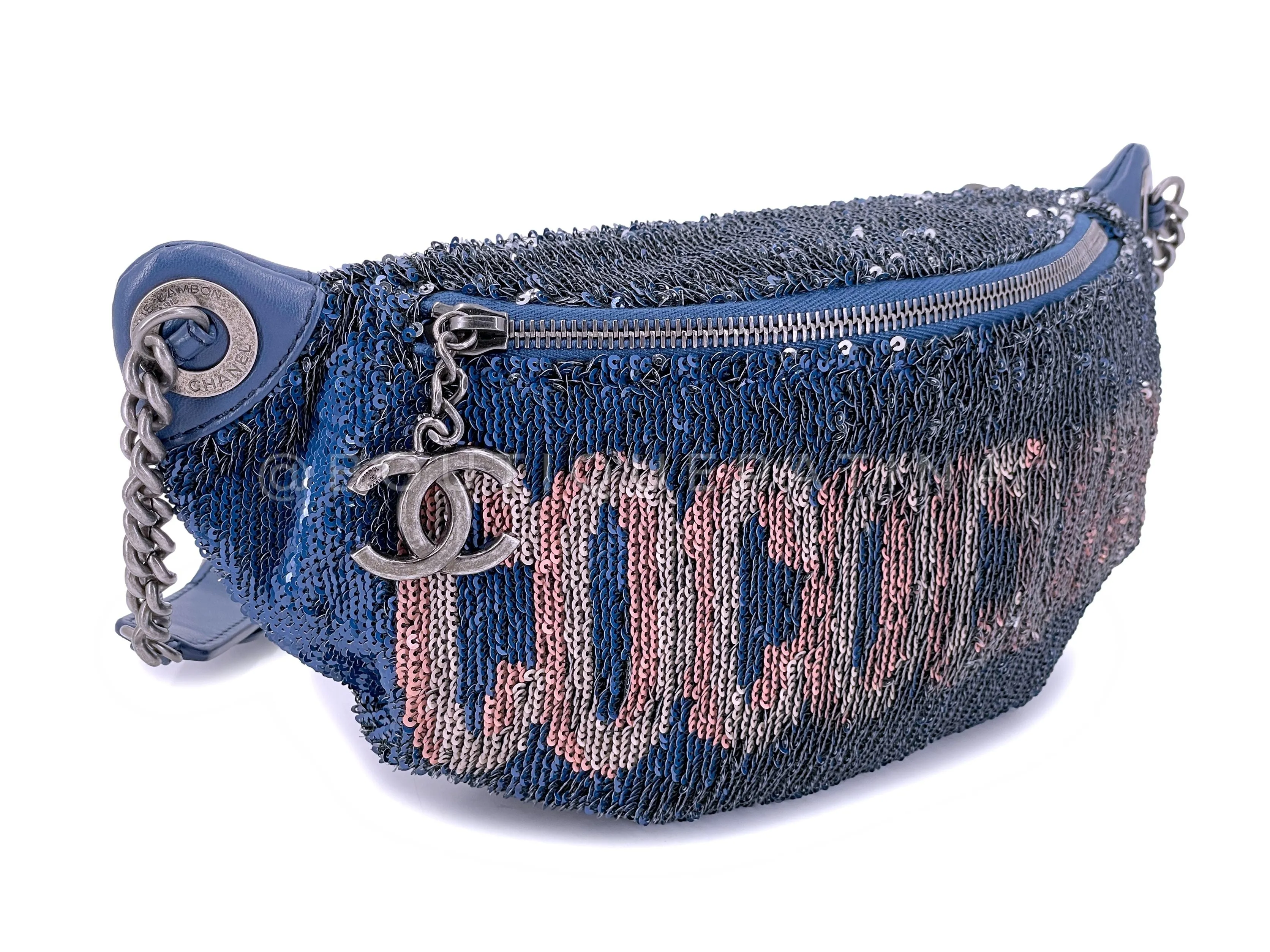 Chanel 17C Blue Pink Sequin Coco Cuba Fanny Pack Belt Bum Bag