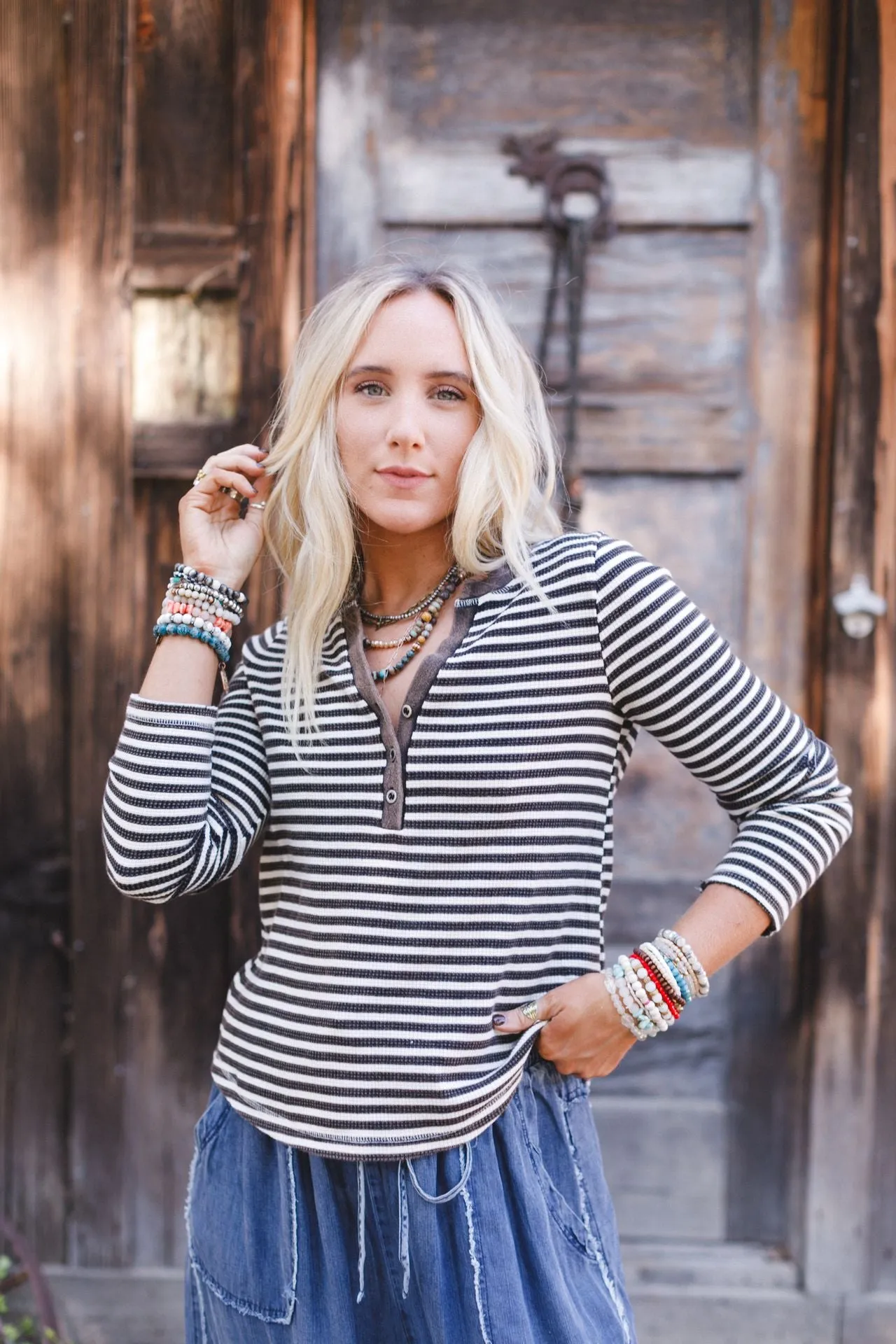 Cool Stripes Henley Top - Black