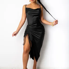 DressBetty - Ruched Satin Summer Dress Drawstring Spaghetti Straps Cowl Neck Backless Long Dresses for Women Party Sexy