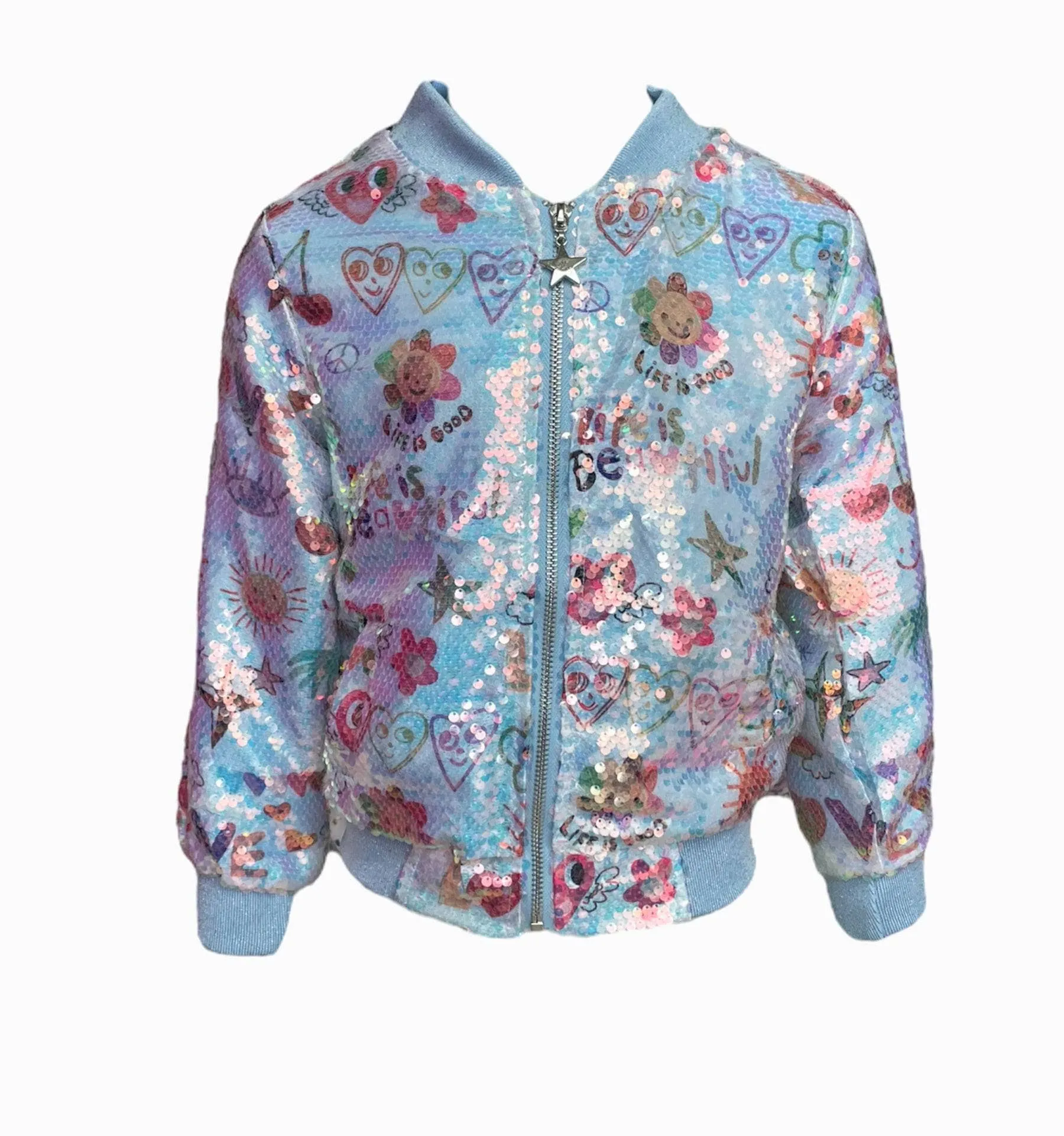 GOOD VIBES Doodle Sequin Bomber