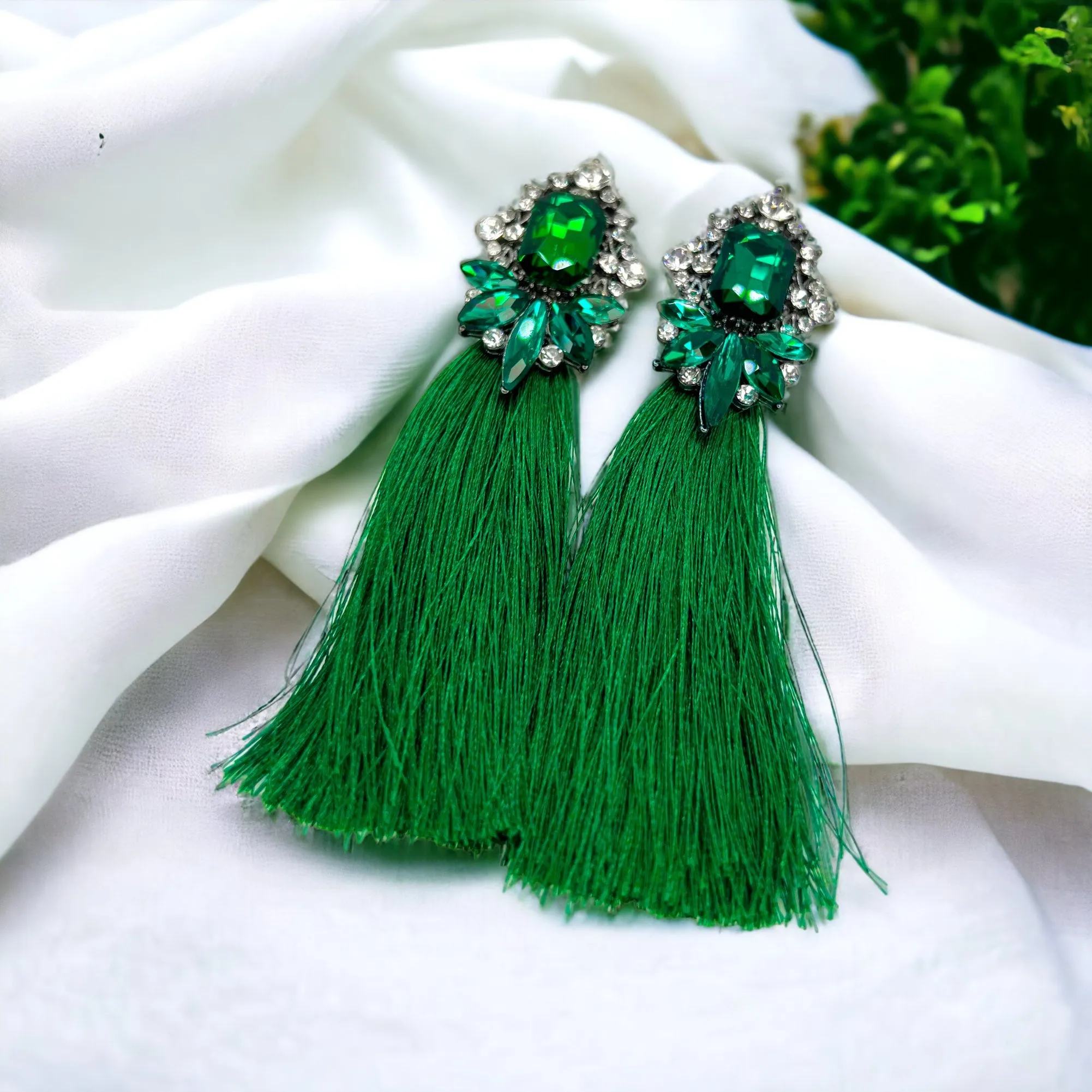 Green Tassel Earrings - Green Rhinestone, Green Earrings, Saint Patrick's Day, Rhinestone Earrings, Lucky Earrings, St. Patrick's Day