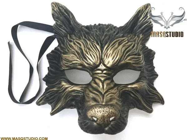 Masquerade ball mask WOLF Mask Wear or Wall Deco Black Gold